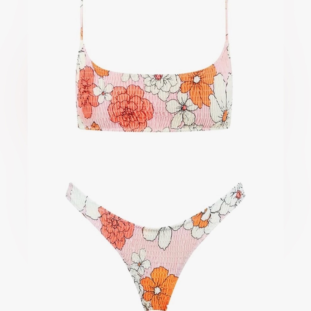 Triangle Bikini Set Smocked Textured Scoop Frilled Print Ruched Elastic
